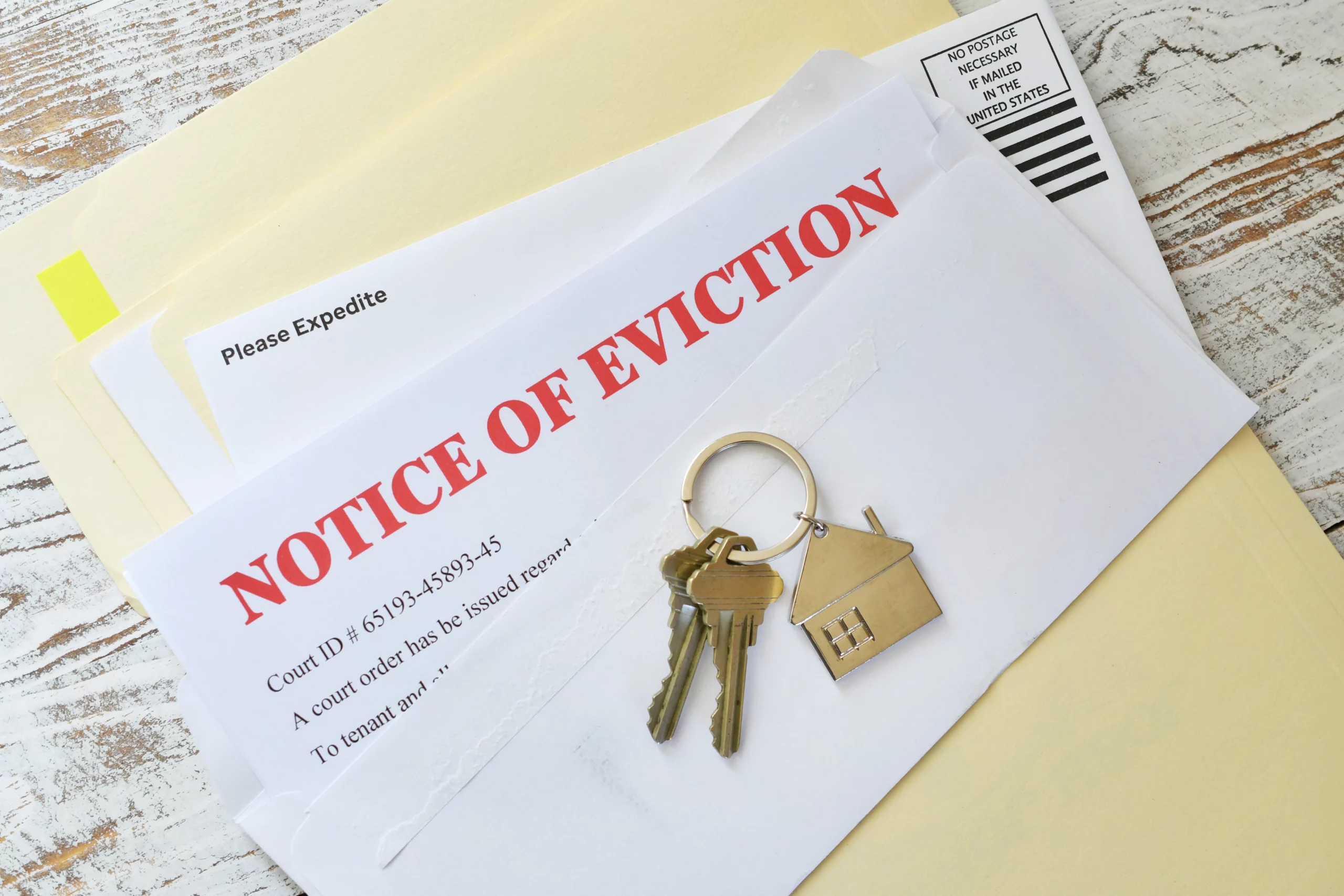 Stack of eviction notice envelopes with house keychain on table.
